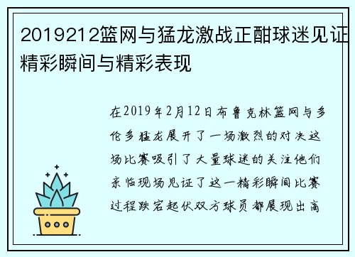 2019212篮网与猛龙激战正酣球迷见证精彩瞬间与精彩表现