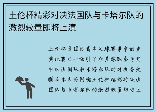 土伦杯精彩对决法国队与卡塔尔队的激烈较量即将上演